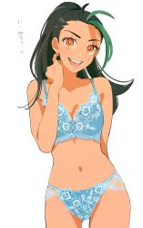 1girls :d aqua_bra aqua_panties black_hair blue_bra blue_panties blush bra breasts bright_pupils brown_eyes cleavage clothing commentary_request cowboy_shot dark-skinned_female eyelashes female green_hair hand_up highres legs_together long_hair matching_underwear multicolored_hair navel nemona_(pokemon) open_mouth orange_eyes osg_pk panties pokemon pokemon_(game) pokemon_sv ponytail simple_background smile solo streaked_hair sweatdrop teeth tongue translated two-tone_hair underwear white_background white_pupils