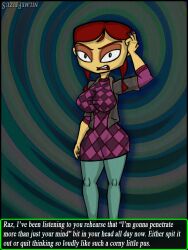 1girls annoyed clothing dialogue dress female hand_on_head human jacket lili_zanotto looking_at_viewer miffed pale_skin pants pinup ponytail psychic psychonauts psychonauts_2 red_hair solo_female spiral suziefemlin tagme teasing text