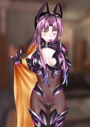 1girls alternate_costume belly blush bodysuit eiyuu_densetsu fake_animal_ears fake_cat_ears kuro_no_kiseki looking_at_viewer naughty_face navel purple_hair renne_(eiyuu_densetsu) renne_bright vanillahare wink yellow_eyes