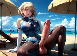 1futa ai_generated beach black_pantyhose blonde_hair blue_eyes blush bowtie cassandra_alexandra elbow_gloves erection futanari hairband highres large_breasts large_penis one-piece_swimsuit outdoors pantyhose pantyhose_under_swimsuit penis rayolit self_upload short_hair sitting solo solo_focus solo_futa soul_calibur stable_diffusion swimsuit testicles veins veiny_penis white_elbow_gloves white_hairband