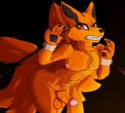 9_tails anthro canid canine chained chains fox fur genitals hi_res kurama male male_only mammal multi_tail muti_tail naruto nipples orange_body orange_fur penis restraints skshadowknight solo tail