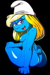 1girls anus artist_request ass black_background breasts hanna-barbera nipples peyo_(copyright) purple_eyes smile smurfette the_smurfs yellow_hair