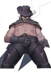 1boy 2022 abs activision bara barazoku beard biceps blizzard_entertainment brown_hair bulge bulge_through_clothing clothing cole_cassidy cowboy_hat erection_under_clothes facial_hair gay hairy_arms hairy_chest hand_on_penis hi_res highres jasonvix male male_focus male_only manly muscles muscular muscular_arms muscular_male overwatch overwatch_2 pecs penis_outline solo solo_male touching_penis