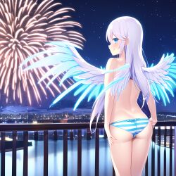 1boy ai_generated angel_wings ass balcony blue_eyes city femboy fireworks girly long_hair night novelai smile smiling striped_panties topless topless_male water white_hair wings