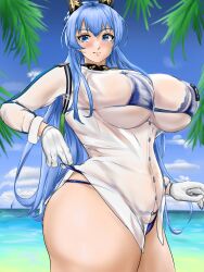 1girls absurd_res alternate_costume beach bikini blue_bikini blue_eyes blue_hair blush braid breasts cleavage closed_mouth eyebrows_visible_through_hair female female_only gloves goddess_of_victory:_nikke hair_ornament helm_(aquamarine)_(nikke) helm_(nikke) huge_breasts light-skinned_female light_skin long_hair luxap military_uniform ocean official_alternate_costume pulling_bikini_string see-through see-through_clothing thighs wet_clothes white_gloves white_shirt