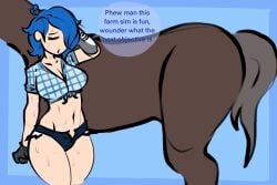 1girls blue_background blue_hair english_text ghastlypann horse hotpants smg4 sweat tari_(smg4) youtube