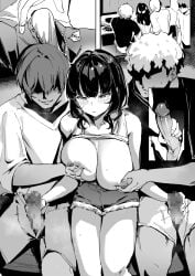 2boys blush breasts double_handjob erection female grabbing grabbing_another's_breast group_sex handjob highres large_breasts lynus mmf_threesome monochrome multiple_boys original shorts straight threesome