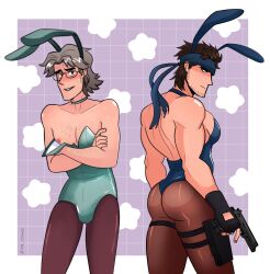 2boys 2males ass_visible_through_thighs bara blush blushing_at_viewer bubble_ass bubble_butt bunny_boy bunny_costume bunny_ears bunnysuit crossdressing gun hal_emmerich male male_only metal_gear_(series) metal_gear_solid nice_ass otacon pantyhose solid_snake tagme