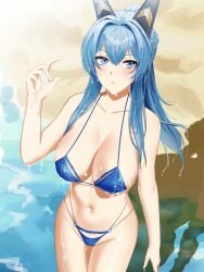 1girls absurd_res alternate_costume anoreika_tomoe beach bikini blue_bikini blue_eyes blue_hair blush braid breasts cleavage female female_only goddess_of_victory:_nikke hair_intakes hair_ornament helm_(aquamarine)_(nikke) helm_(nikke) huge_breasts light-skinned_female light_skin long_hair ocean official_alternate_costume ponytail wet_skin