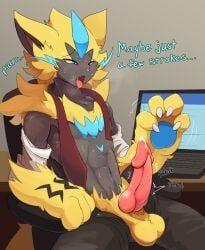 4_fingers abs anthro balls blue_eyes blue_pawpads blush bodily_fluids bottomwear cheek_tuft claws clothed clothing dialogue english_text erection facial_tuft felid feline finger_claws fingers fur generation_7_pokemon genital_fluids genitals glans grey_body grey_fur hybrid_genitalia hybrid_penis knot legendary_pokemon looking_at_genitalia looking_at_own_penis looking_at_penis looking_at_self male male_only mammal necktie nintendo open_bottomwear open_clothing open_pants pants pawpads penis pokemon pokemon_(species) precum shaded sitting solo sweat text throbbing_penis tongue tongue_out toshabi tuft yellow_body yellow_fur zeraora