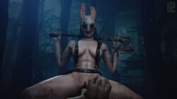 1boy 1girls 3d dbd dead_by_daylight female_on_top femdom huntress_(dead_by_daylight) lazper looking_at_viewer mask muscular_female pale-skinned_female rape restrained_arms