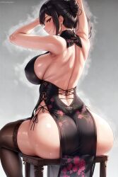 1girls ai_generated ai_love_higokko ass ass_focus ass_shot backless_outfit breasts brown_hair china_dress dress female hi_res holaraai huge_ass huge_breasts light-skinned_female light_skin long_hair original original_character red_eyes thick_thighs