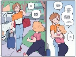 1boy 1girls ass big_ass big_breasts blonde_hair breasts brown_hair comic comic_page female glasses hugging jeans light-skinned_female light-skinned_male light_skin male milf mother_and_son not_enough_milk_(artist) original original_character shorter_female shortstack taller_male tears text wide_hips