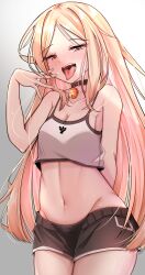 1girls absurd_res arms_behind_back bell_collar belly_button blonde_hair blush collar counter:side crop_top drooling female_only half-closed_eyes highres hot_pants laura_beatrix long_hair open_mouth sfw short_shorts solo tongue tongue_out yellow_eyes