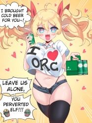 1girls 2boys anger_vein angry beer_can big_breasts black_legwear black_panties black_thighhighs blonde_hair blue_eyes blush_lines blush_stickers bouncing_breasts collared_shirt cowboy_shot curvaceous curvy denim_shorts earrings elf elf_ears elf_female elf_girl emphasis_lines english_text exposed_panties facing_viewer fantasy female gainaxing gradient_background happy happy_female hard_hat heart-shaped_pupils hearts_around_body highleg_panties jean_shorts large_breasts light-skinned_female light_skin long_pointy_ears looking_at_viewer male midriff navel open_shorts orc orc-loving_elf orc_male orclovingelf panties panty_straps pantyshot pantyshot_(standing) pendant polo_shirt short_shorts simple_background six_pack skindentation smile speech_bubble standing straight-on tagme_(artist) tagme_(character) thighhighs thong thong_panties tusks virtual_youtuber voluptuous vtuber vtuber_persona yellow_background