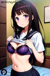 ai_generated bangs black_hair black_sailor_collar black_skirt blush bra breasts chitanda_eru cleavage clothes_lift female hyouka indoors lace-trimmed_bra lace_trim lifted_by_self long_hair looking_at_viewer medium_breasts navel pikkiwynn pleated_skirt purple_bra purple_eyes sailor_collar school_uniform serafuku shirt shirt_lift short_sleeves skirt solo stomach underwear white_shirt