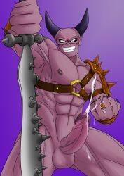 abs balls bodily_fluids cum cum_on_hand demon dragon_quest dragon_quest_xi erection genital_fluids genitals grin half-erect horn looking_at_viewer male male_only monster mordegon muscular muscular_male nipples pecs penis smile solo square_enix thewanktuary