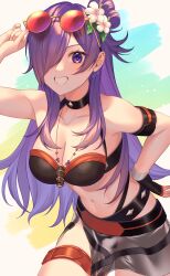 1girls absurdres alternate_costume bare_shoulders bikini black_bikini black_choker black_swimsuit breasts choker cleavage female female_only fire_emblem fire_emblem:_three_houses fire_emblem_heroes fire_emblem_warriors:_three_hopes flower hair_bun hair_flower hair_ornament hair_over_one_eye highres kita_282 large_breasts long_hair looking_at_viewer navel nintendo official_alternate_costume purple_eyes purple_hair shez_(female)_(fire_emblem) shez_(female)_(summer)_(fire_emblem) shez_(fire_emblem) single_hair_bun smile solo stomach swimsuit white_flower