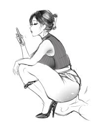 1boy 1girls bored dat_ass facesitting high_heels monochrome panties_around_leg phone sketch skirt_up sleeveless_sweater squatting_on_face