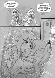 2girls blake_belladonna clothed clothed_sex comic english_text female female_only inside_locker khartemis kissing lesbian_sex locker locker_room monochrome rooster_teeth ruby_rose rwby small_breasts team_rwby text text_bubble tongue tongue_kiss tongue_kissing tongue_out weiss_schnee yang_xiao_long yuri