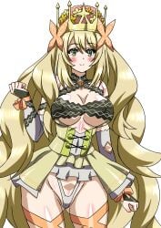 1girls ass_visible_through_thighs bare_thighs blonde_hair blush breasts butterfly_hair_ornament celine_(fire_emblem) cleavage covered_navel crown ezsm5857 female female_only fire_emblem fire_emblem_engage green_eyes hair_ornament large_breasts long_hair mature mature_female mirujyu nintendo panties partially_visible_vulva princess revealing_clothes royalty smile solo thick_thighs thighhighs thighs thong underboob underwear very_long_hair white_background white_panties