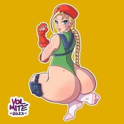 1girls ass blonde_hair cammy_white capcom drawing female female_only gaming looking_at_viewer looking_back looking_back_at_viewer socks solo solo_female street_fighter volmite