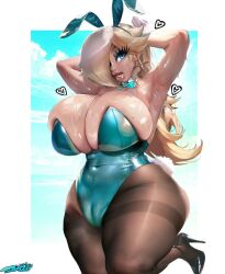 1girls alternate_version_available armpits arms_up big_lips bimbo bimbo_lips blonde_hair blue_eyes breasts bunny_ears bunny_girl bunnysuit cleavage female hair_over_one_eye hips huge_breasts lips mario_(series) nintendo princess_rosalina super_mario_galaxy sweat sweating thick_lips thick_thighs thighs tudduls voluptuous wide_hips