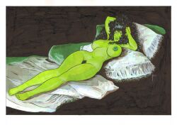 1girls bed ben1804 big_boobs big_breasts boobs breasts completely_naked completely_nude completely_nude_female curvaceous curvy curvy_body curvy_female curvy_figure female female_only green_lips green_nipples green_skin hulk_(series) long_hair marvel marvel_comics messy_hair naked naked_female nipples nude nude_female pubic_hair she-hulk solo solo_female tits