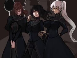 3girls black_dress black_hair breast_comparison breasts brown_hair dark_souls dark_souls_3 dead_source fromsoftware katana large_breasts lilianne_of_londor medium_breasts ponytail purple_eyes red_eyes scas sister sister_(lore) sister_friede sisters size_comparison small_breasts sword weapon white_hair wip yellow_eyes yuria_of_londor