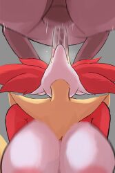 absurd_res anthro balls breasts delphox duo female generation_6_pokemon genitals hi_res mahoxy male male/female nintendo nojaaaaaaaarori oral oral_penetration penetration penis pokemon pokemon_(species)