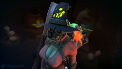 big_breasts breasts breasts broom broomstick fempyro gas_mask green_body green_skin halloween halloween_costume latex latex_gloves latex_suit lizard looking_at_viewer pyro pyro_(team_fortress_2) straps team_fortress_2 unzipped unzipped_bodysuit vyne witch_hat zipper