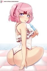 1girls big_ass big_butt bubble_butt clothed clothing doki_doki_literature_club female female_only frills large_ass large_butt looking_back natsuki_(doki_doki_literature_club) one-piece_swimsuit pink_eyes pink_hair popsicle pose purple_eyes raionart short_hair sitting skimpy skimpy_clothes small_breasts solo swimsuit swimwear