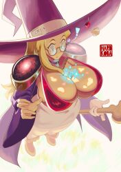 blonde_hair blue_eyes cleavage clothed_female collar color glasses hardkoba large_breasts large_sleeves larger_female light-skinned_female long_hair magic micro original original_character revealing_clothes shoulder_pads shrinking sideboob size_difference smaller_male sparkling staff white_background witch witch_hat