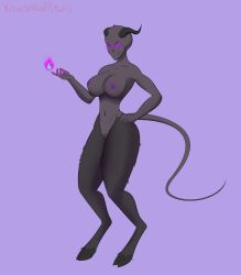 absurd_res breasts dark_body dark_fur dark_skin demon female fur genitals glowing glowing_eyes hi_res hooves horn humanoid kawaiiredpandas looking_at_viewer magic mouthless nipples not_furry purple_eyes pussy solo tail