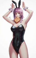 alternate_costume animal_ears artist_name black_leotard breasts chainsaw_man detached_collar fake_animal_ears fami_(chainsaw_man) female food food_in_mouth highres leotard looking_at_viewer mole mole_on_cheek mole_under_eye mole_under_mouth mouth_hold multiple_moles pink_eyes playboy_bunny purple_hair rabbit_ears rabbit_pose ringed_eyes short_hair simple_background solo staryoruu strapless strapless_leotard toast toast_in_mouth traffic_light white_background wrist_cuffs