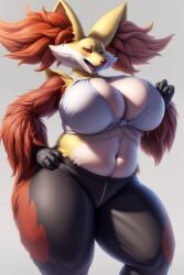 ai_generated anthro bbw blush chubby delphox facial_tuft fluffy fox fox_girl fox_humanoid fur furry hands_on_breasts huge_breasts inner_ear_fluff leggings mahoxy midriff milf navel plump pokemon pokemon_(species) pokemon_xy red_eyes red_fur simple_background snout sports_bra stable_diffusion tail thick thick_thighs voluptuous wgenjoyr4539 white_bra white_fur yellow_fur yoga_pants