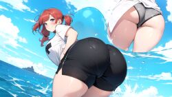 1girls ai_generated ass_focus back_view big_ass big_butt black_shorts fat_ass female_only huge_ass huge_butt keijo!!!!!!!! large_ass large_butt red_hair short_hair shorts t-shirt thick_ass thick_thighs tight_clothing tight_pants toyoguchi_non twintails white_shirt