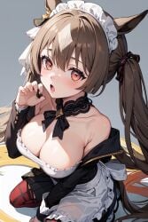 1girls ai_generated animal_ears big_breasts blush breasts brown_hair cleavage clothed clothing collarbone cygames dmm_games doujin eyelashes fictional_product frills hair hair_between_eyes hand_up japan_umamusume_training_schools_and_colleges kneeling light-skinned_female light_skin lips long_hair looking_at_viewer maid maid_headdress nsfw off_shoulder open_mouth satono_diamond_(umamusume) seductive sensitive sitting solo solo_female tagme teeth tongue tracen_academy twintails umamusume umamusume_pretty_derby umsk unofficial うましこ ウマシコ