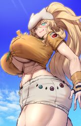 1girls abs barghest_(gawain)_(fate) barghest_(swimsuit_archer)_(first_ascension)_(fate) blonde_hair breasts fate/grand_order fate_(series) female hi_res huge_breasts light-skinned_female light_skin long_hair low-angle_view muscular_female ponytail shiroshisu short_shorts shorts thick_thighs underboob