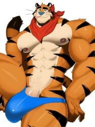 1boy 2023 anthro blue_clothing blue_nose blue_underwear clothed clothing eyebrows felid frosted_flakes fur hi_res kellogg's looking_at_viewer male male_only mammal mascot muscular muscular_anthro muscular_male mymu666 navel neckerchief nipples one_eye_half-closed orange_body orange_fur pantherine partially_clothed simple_background smile solo thick_eyebrows tiger tongue tongue_out tony_the_tiger underwear underwear_down vo7gu46xduh36 whiskers white_background white_body yellow_sclera