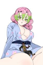 1boy 1girls big_breasts big_female big_thighs black_hair clothed dark-skinned_male dark_hair demon demon_boy demon_horns demon_slayer female giantess gold_eyes green_eyes hantengu horns horny horny_female human kanroji_mitsuri kimetsu_no_yaiba kimono male male/female miniboy muscular_male pale-skinned_female red_eyes smaller_male straight yellow_eyes zohakuten