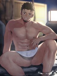 1boy abs ass_hair bara barbell_piercing beard chest_hair cross cross_earrings earrings facial_hair feet_out_of_frame flaccid goburin_second hairy harumi_(goburin_second) highres jewelry large_pectorals leg_hair looking_at_viewer male_focus mature_male muscular muscular_male navel navel_hair nipples original pectorals piercing scar scar_on_face scar_on_forehead seductive_smile short_hair smile solo sparse_chest_hair sparse_navel_hair stomach testicle_peek thick_eyebrows topless_male