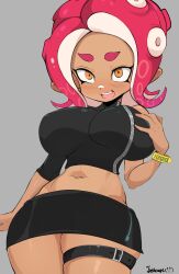 3rd_party_edit agent_8_(splatoon) artist_signature big_breasts clothing edit edited erect_nipples_under_clothes hourglass_figure jellcaps midriff navel nintendo octoling octoling_girl orange_eyes red_hair splatoon splatoon_(series) splatoon_2 splatoon_2:_octo_expansion sweat thick_thighs thighs tight_clothing wide_hips