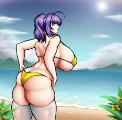 azur_lane back_view beach bikini breasts huge_breasts looking_back pola_(azur_lane) purple_hair roneesan short_hair thick_thighs wide_hips