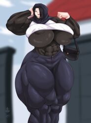 abs hands_behind_head himeka_ayuranie hyper_breasts muscular_female roneesan see-through thick_thighs