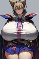 ai_generated blue_cape blue_ribbon blue_skirt breasts_bigger_than_head cape closed_mouth curvy earmuffs gigantic_breasts hourglass_figure light_brown_hair looking_at_viewer neck_ribbon red_cape ribbon shirt short_hair simple_background skirt slim_waist smile smiling smiling_at_viewer standing tall_female thighs touhou toyosatomimi_no_miko venus_body yellow_eyes