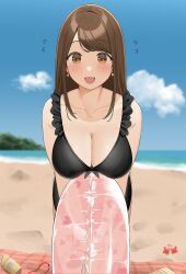 big_breasts black_swimsuit blush brown_hair cleavage office_lady ol-chan_(ol_mahonanoka) ol_mahonanoka original swimsuit