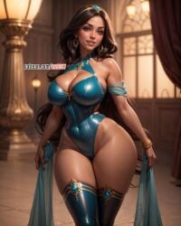 1girls ai_generated aladdin big_thighs black_hair blue_clothing brown_eyes brown_hair brunette busty disney disney_princess earrings hourglass_figure kw0337 long_hair narrow_waist princess princess_jasmine royalty slim_waist tagme tan_body tan_skin thick_thighs toned_stomach wide_hips