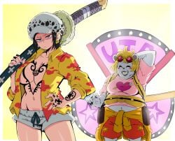 bear bepo big_breasts black_hair canon_genderswap chest_tattoo cleavage cowboy_shot earrings female female_only genderswap_(mtf) grey_eyes hand_on_hip hat headwear heart_pirates katana lewdamone minkmen_(one_piece) no_bra official_alternate_costume one_piece one_piece_film_red open_shirt post-timeskip rule_63 shaded_face shiku_shiku_no_mi short_hair short_shorts shorts sleeves_rolled_up sweatdrop sword tattoo tattoos thick_thighs trafalgar_law trafalgar_law_(female) weapon