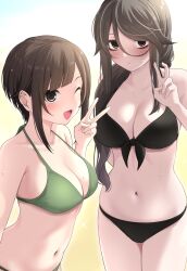 2girls beach big_breasts bikini brown_hair female female_only ikari_manatsu kamihira_mao kurai_anoko_to_shitai_koto original_character peace_sign sasaki_touko shy